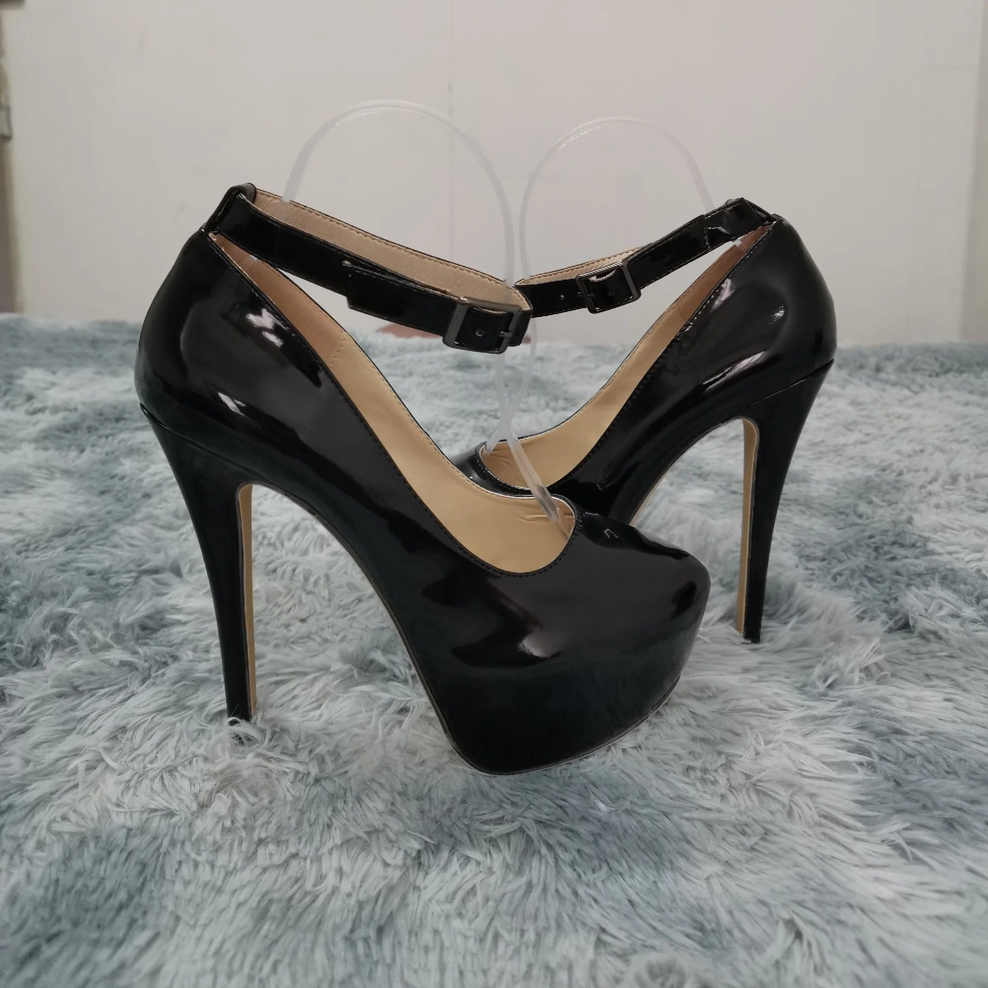 New Women Pumps 14cm Sexy Concise Buckle Supper High Heels Fashion Ankle Strap  Patent Leather Red Wedding Shoes Plus Size