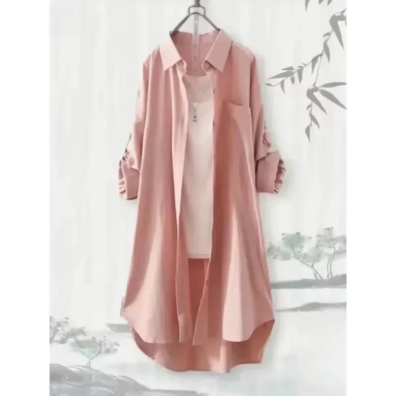 Plus Size Women Tops Blouses Loose Breathable Midi clothing Korean Casual Shirts Women Simple Solid Female Long Sleeved Blouses