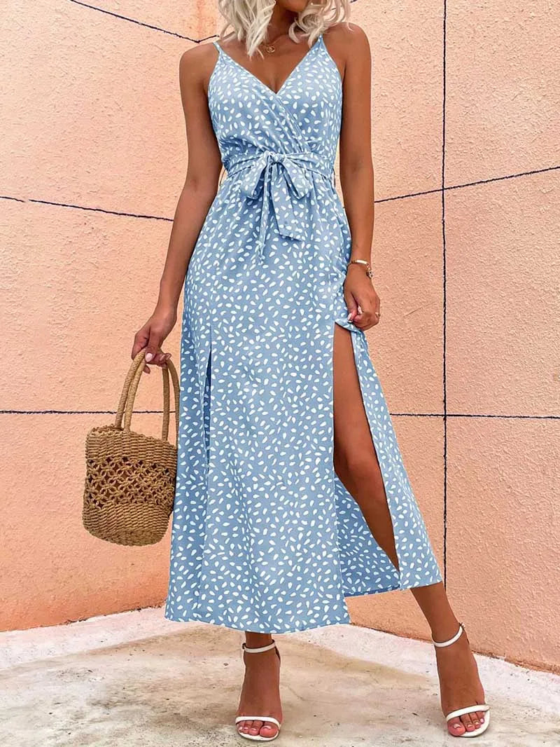 Summer Floral Print Long Dress Women Sexy Backless Bandage Slit Beach Sundresses Casual Elegant Black V Neck Sleeveless Dress