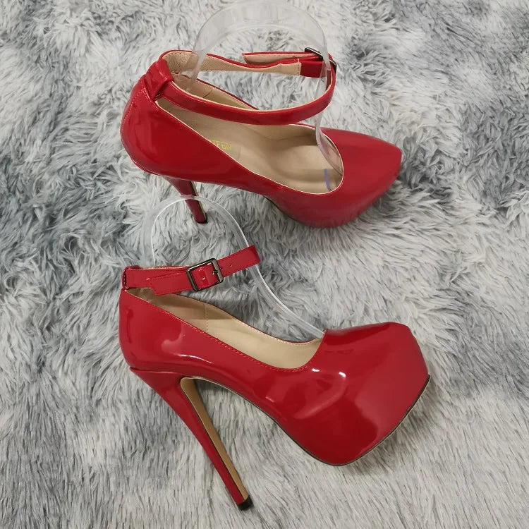New Women Pumps 14cm Sexy Concise Buckle Supper High Heels Fashion Ankle Strap  Patent Leather Red Wedding Shoes Plus Size
