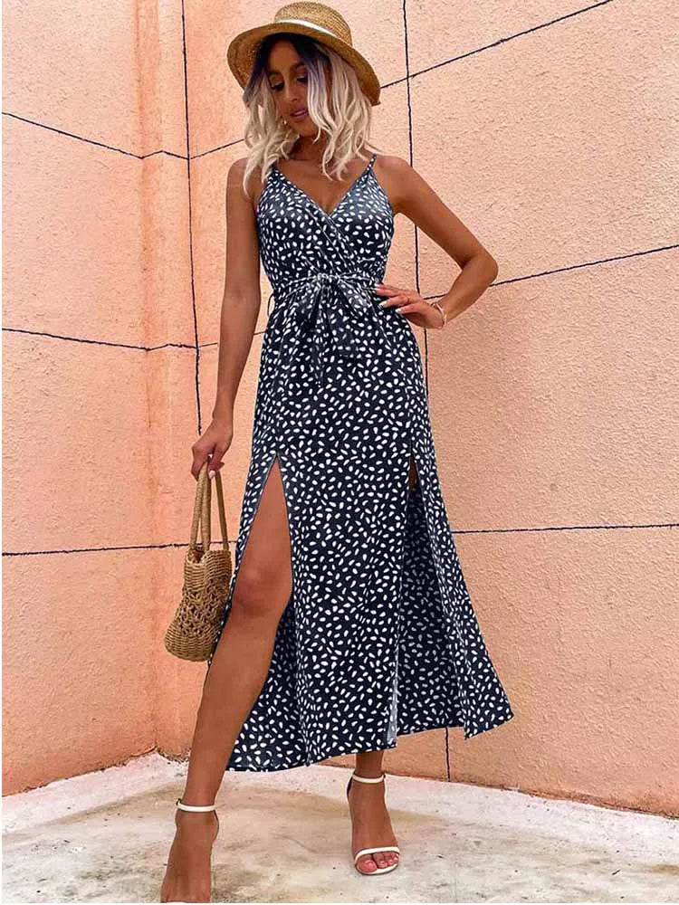 Summer Floral Print Long Dress Women Sexy Backless Bandage Slit Beach Sundresses Casual Elegant Black V Neck Sleeveless Dress