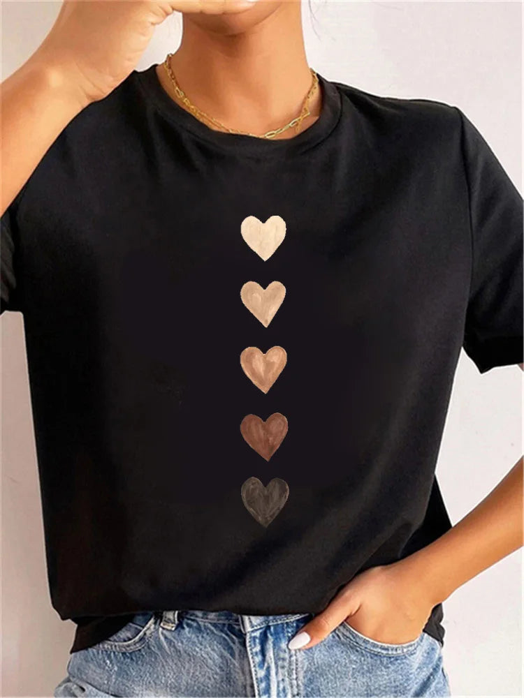 Fashion Funny Love Heart T Shirts Casual Round Neck Women's Clothing Summer Short Sleeve Graphic Female Tops Tees