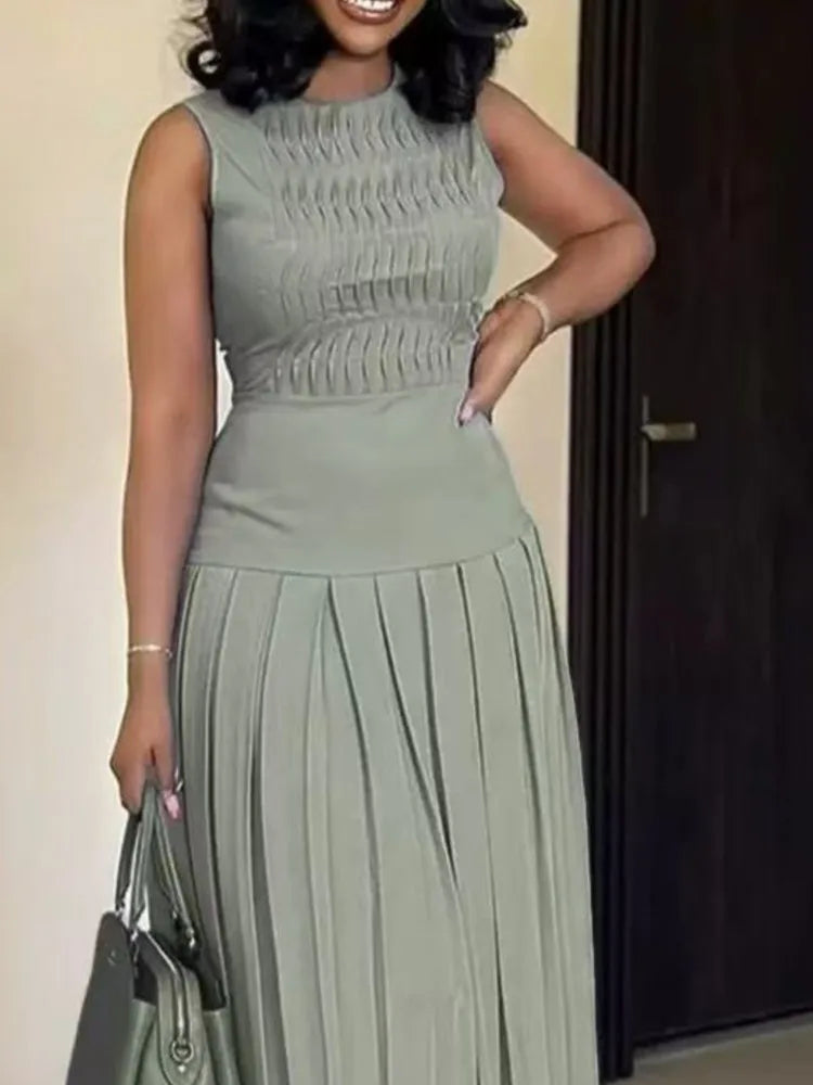 Women's Elegant Party Long Dress Summer Fashion Solid Color Sleeveless Slimming High Waist Pleated A-line Dress Ropa Para Mujer