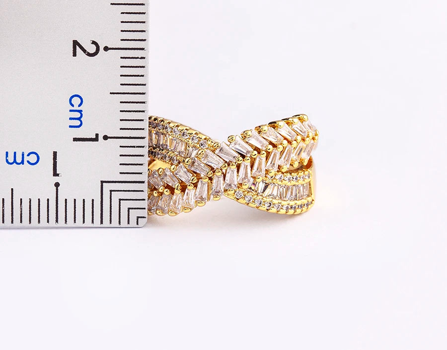 Nidin New Trendy Crystal Double Deck Cross Rings Charm Cubic Zirconia Intersect Opening Adjustable Finger Ring Jewelry Gift