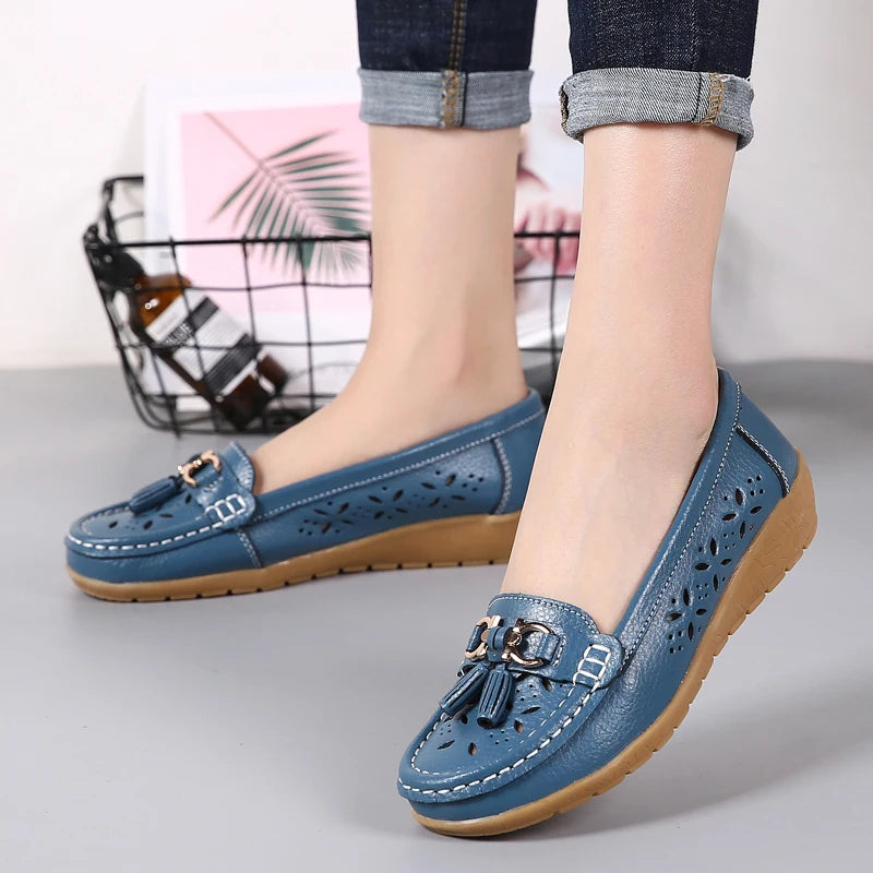 Women Wedge Flats Genuine Leather Slip On Loafers Moccasins Casual Shoes Luxury Brand Designs Big Size 41 42 43
