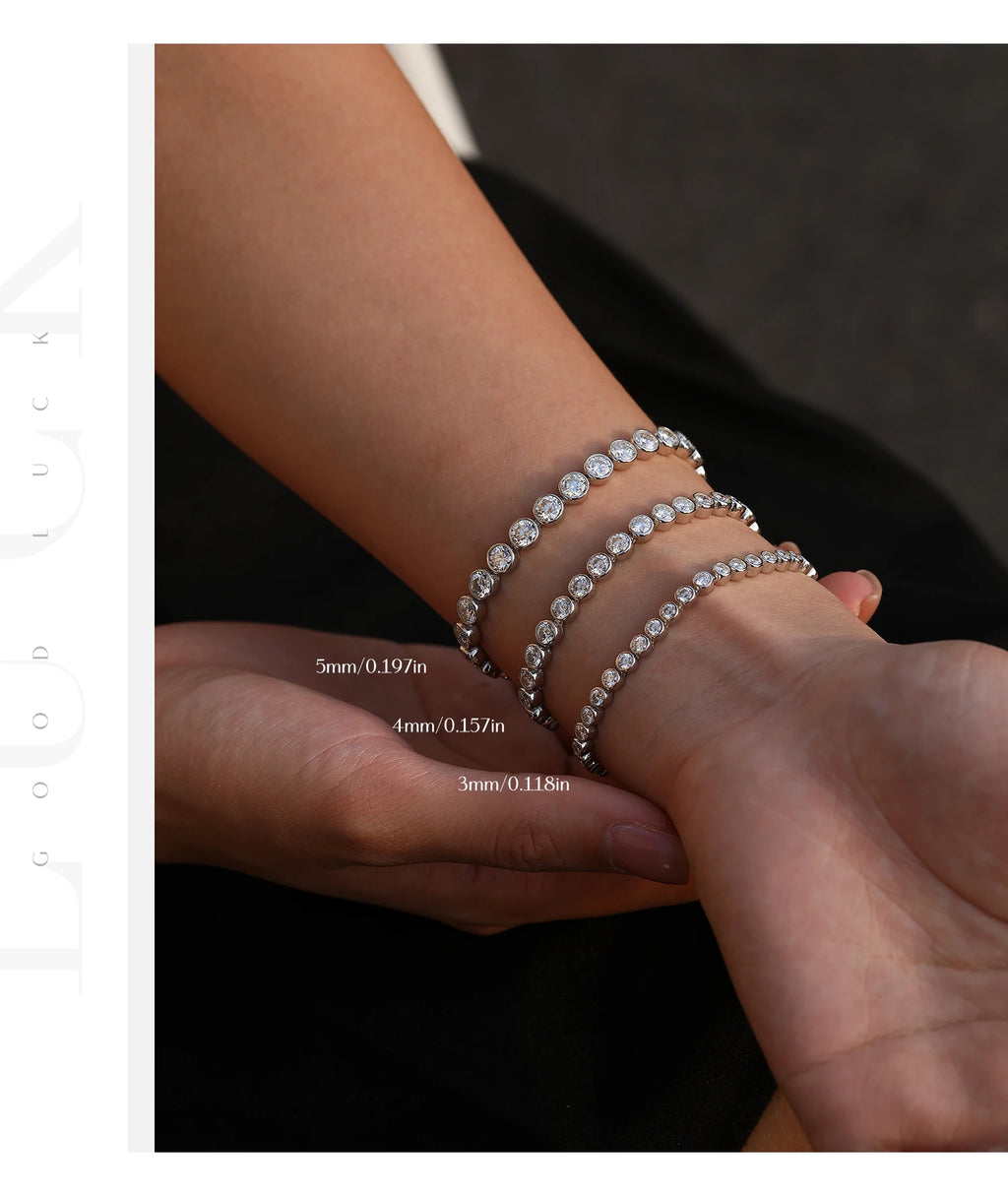 MODIAN D VVS1 Round Moissanite Tennis Bracelet 3mm/4mm/5mm 925 Sterling Silver Tennis Stackable Bracelets for Women Men Jewelry