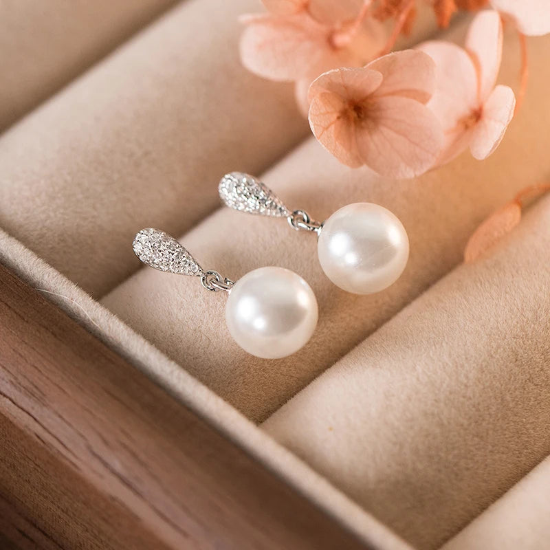 INZATT Real 925 Sterling Silver Full Zircon Water Drop Pearl Pendant Stud Earrings for Women OL Fine Jewelry Luxury Accessories
