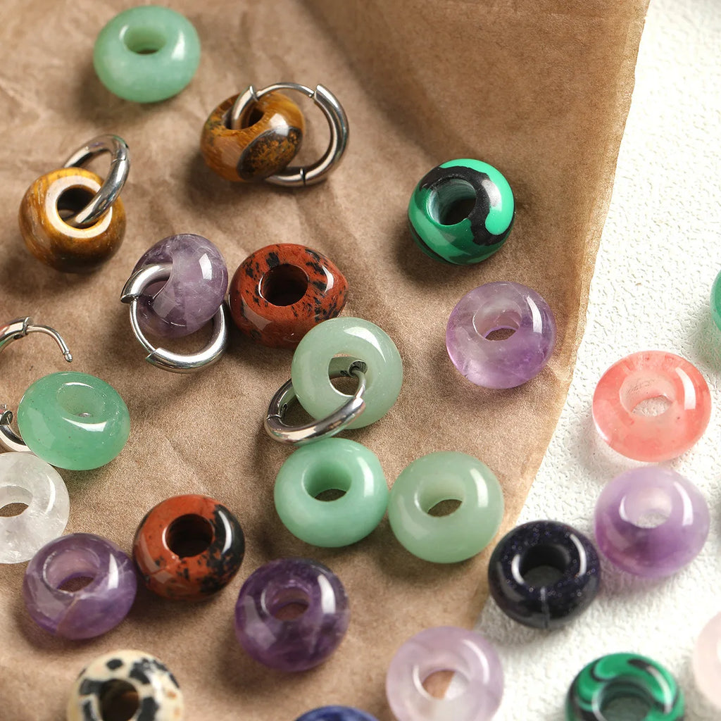 CSJA Natural Stone Earrings for Women Girl Pink Quartz Tiger eye Donut Huggies Stainless Steel Hoop Earring Jewelry Gift H443