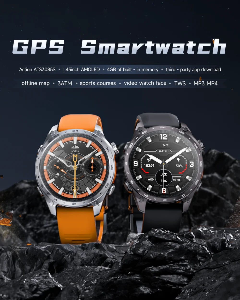 Men Sports GPS Outdoor Smart Watch App Download 4GB Memory Offline Map Waterproof MP3 MP4 LED Lighting Blue Tooth Smartwatch