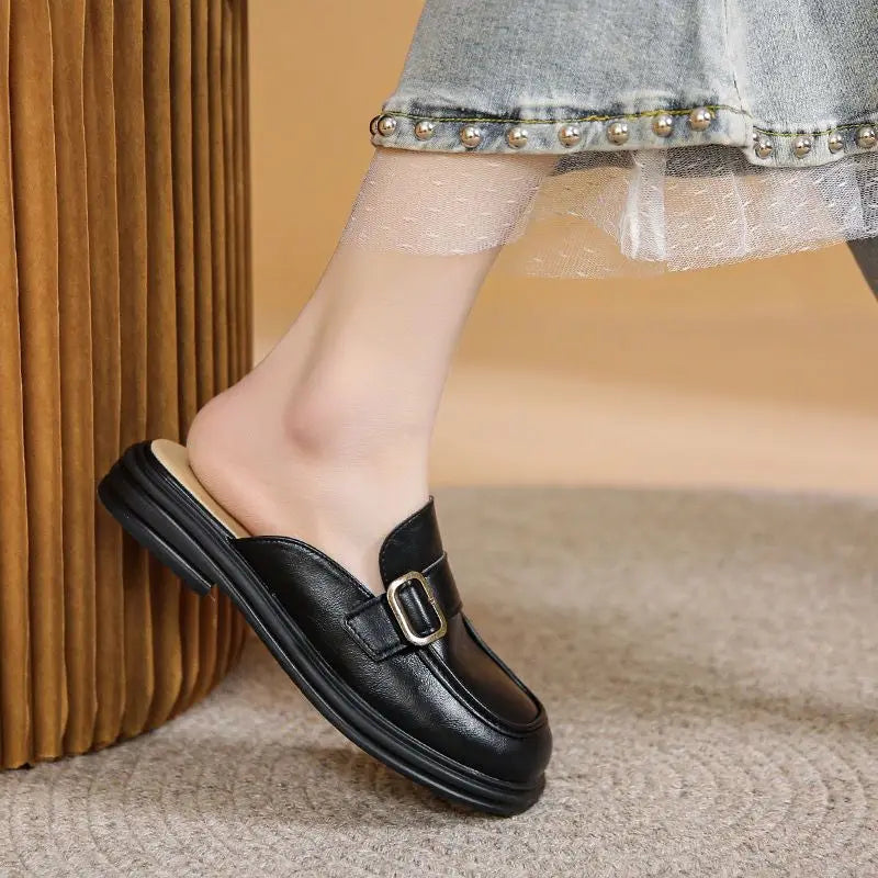 Leather Women's Slippers And Ladies Sandals Round Toe Mules Shoes Black Slides On Promotion Youthful Emo Sale Easy Wears Eva 39