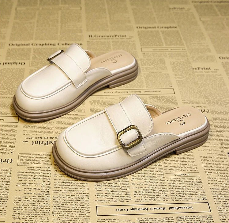 Leather Women's Slippers And Ladies Sandals Round Toe Mules Shoes Black Slides On Promotion Youthful Emo Sale Easy Wears Eva 39
