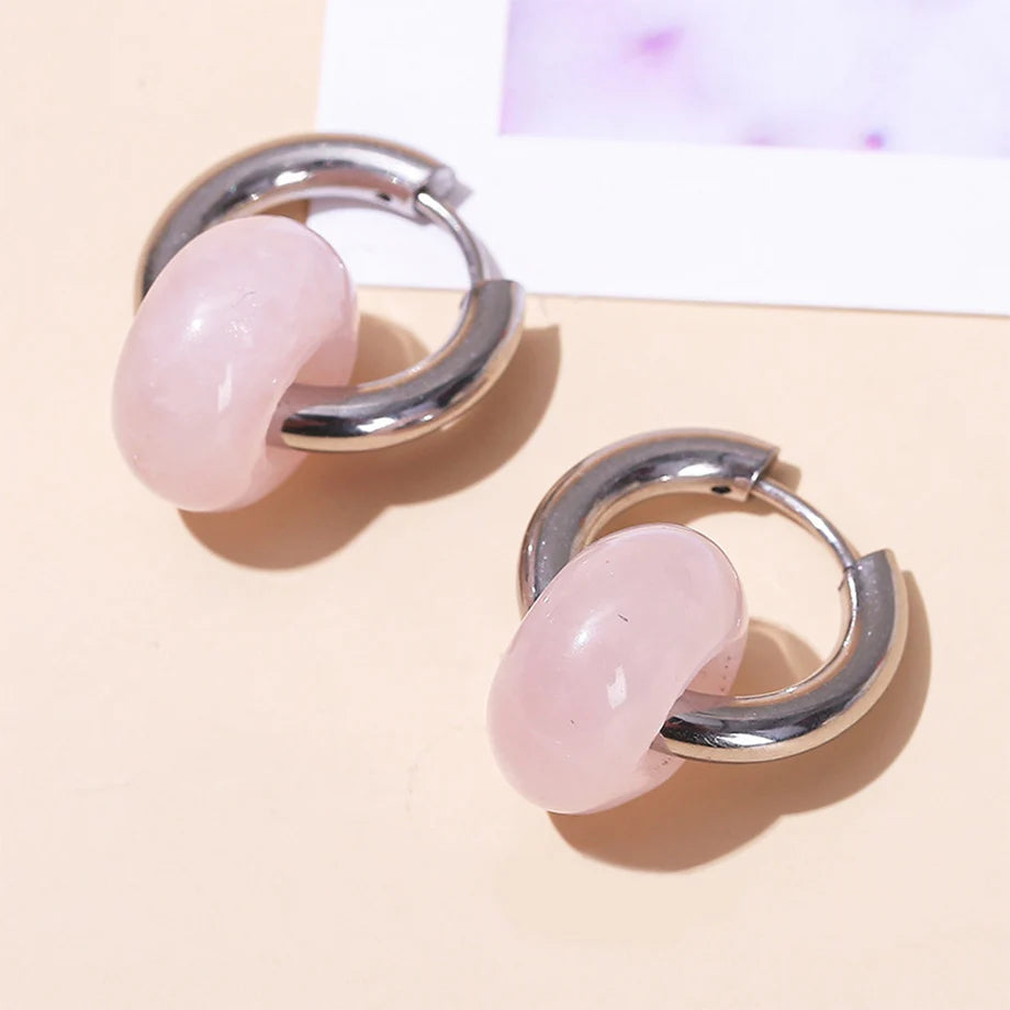 CSJA Natural Stone Earrings for Women Girl Pink Quartz Tiger eye Donut Huggies Stainless Steel Hoop Earring Jewelry Gift H443
