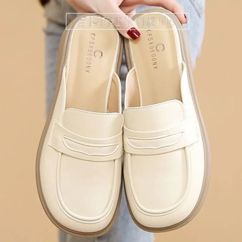 Leather Women's Slippers And Ladies Sandals Round Toe Mules Shoes Black Slides On Promotion Youthful Emo Sale Easy Wears Eva 39