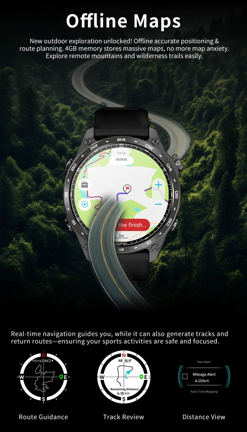 Men Sports GPS Outdoor Smart Watch App Download 4GB Memory Offline Map Waterproof MP3 MP4 LED Lighting Blue Tooth Smartwatch