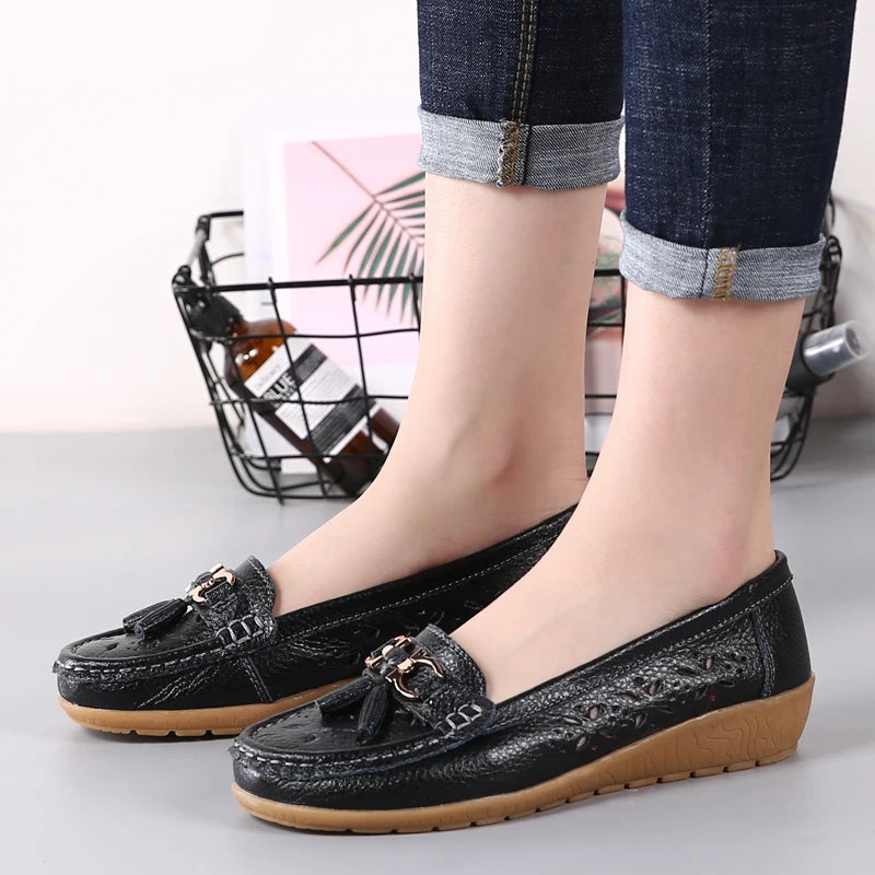 Women Wedge Flats Genuine Leather Slip On Loafers Moccasins Casual Shoes Luxury Brand Designs Big Size 41 42 43