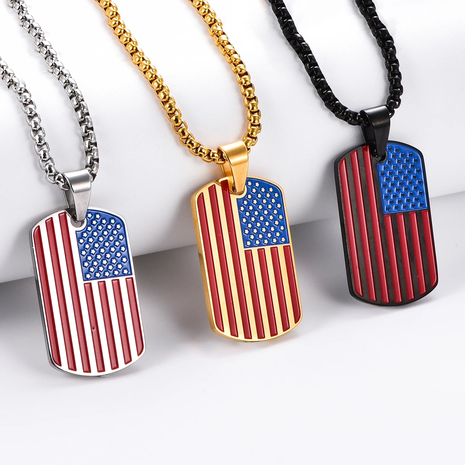 Stainless Steel Hip Hop American USA Flag personality Dripping oil Oval Military Card Box Chain Men's The Stars Jewelry