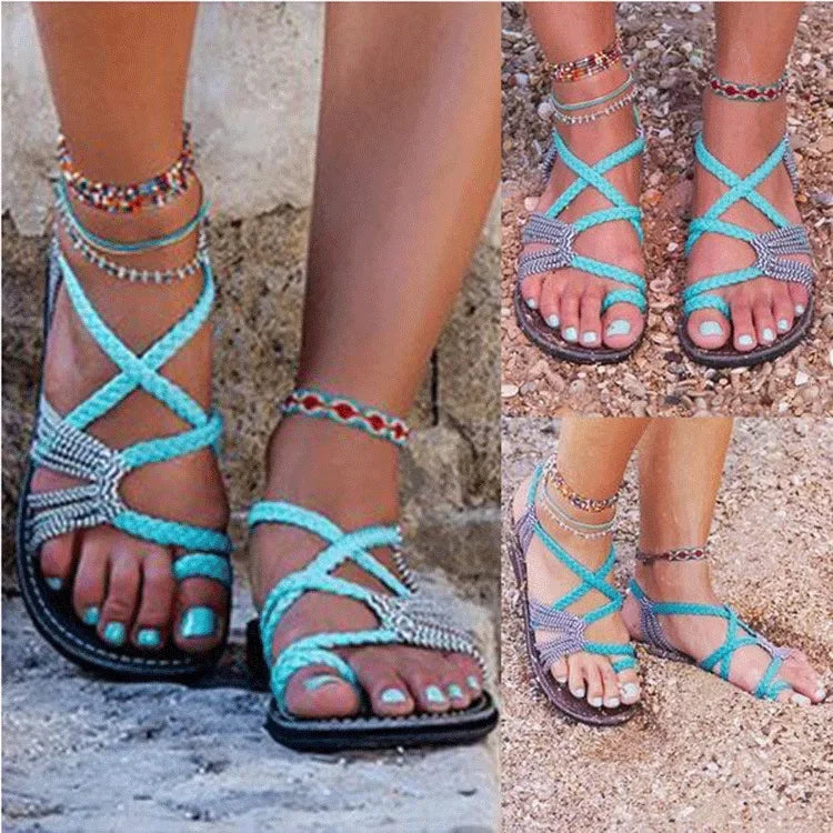 Large Size Rope Knot Summer Beach Flat Bottom Sandals Women's Shoes Wish Flat Sandals Open Toe Rubber Sole Ankle Strap