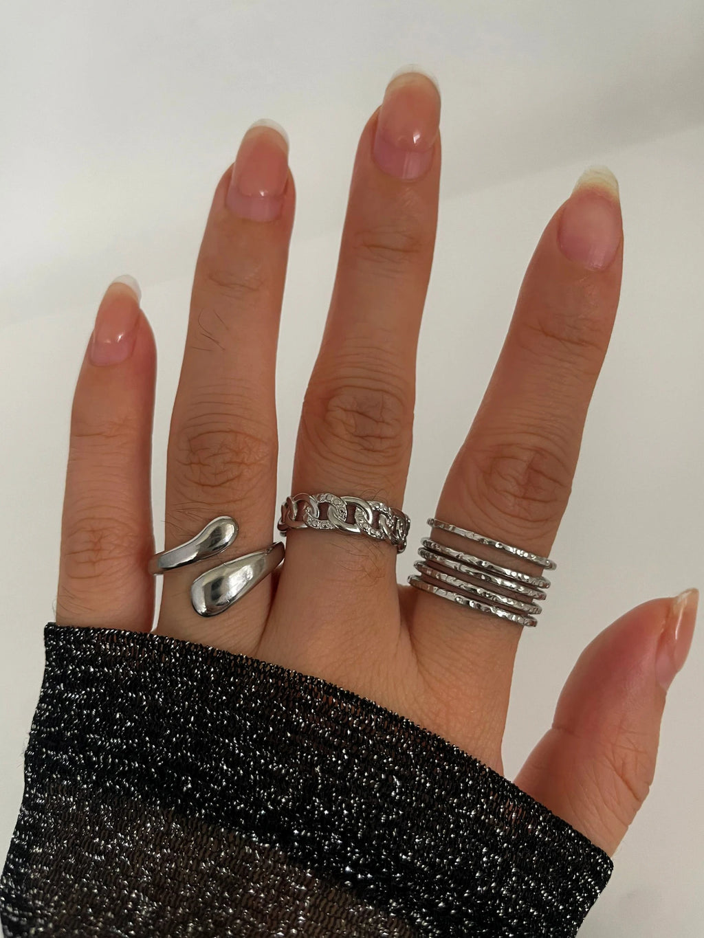 Peri'sbox 3pcs Stainless Steel Waterproof Women Rings Multi-layer Metal Texture Geometric Chain Open Ring Fashion Party Jewelry