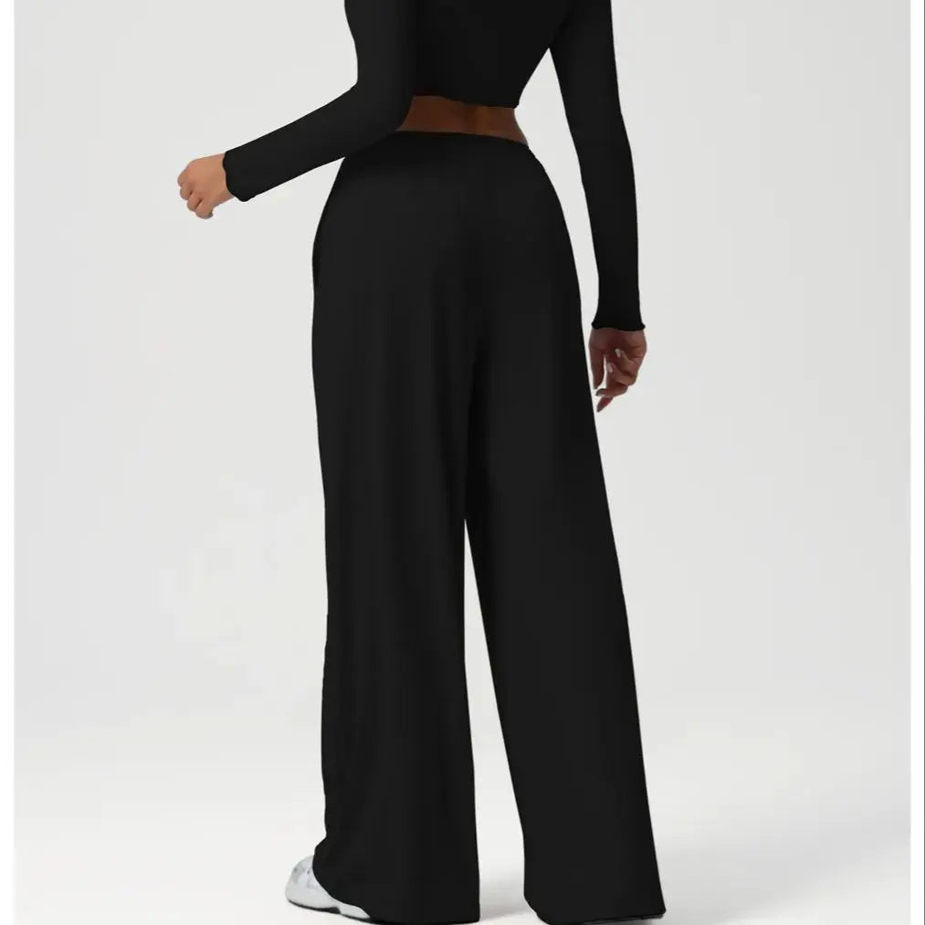 Wide Leg Pants Fashion Women Black Solid Loose Drawstring Baggy Pant 2026 New Spring Summer Casual Pocket High Waist Trousers