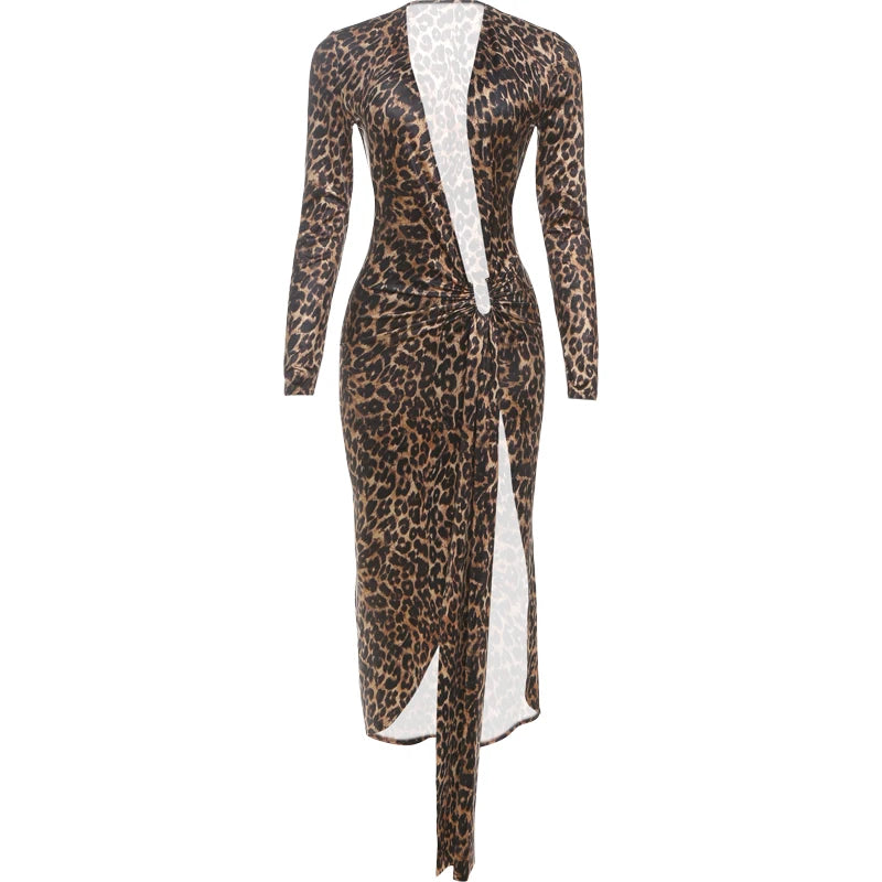 Weird Puss Leopard Print Women Dress Y2K Sexy Deep V-Neck Ruched Ribbon Skinny High Split Nightclub Party Fall Hipster Vestidos