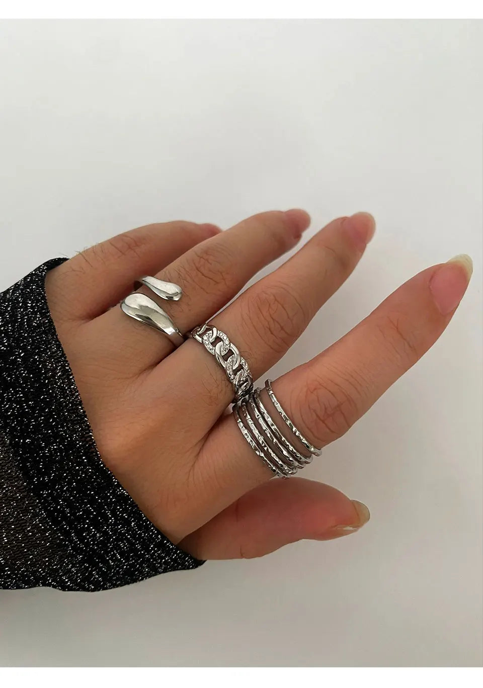 Peri'sbox 3pcs Stainless Steel Waterproof Women Rings Multi-layer Metal Texture Geometric Chain Open Ring Fashion Party Jewelry