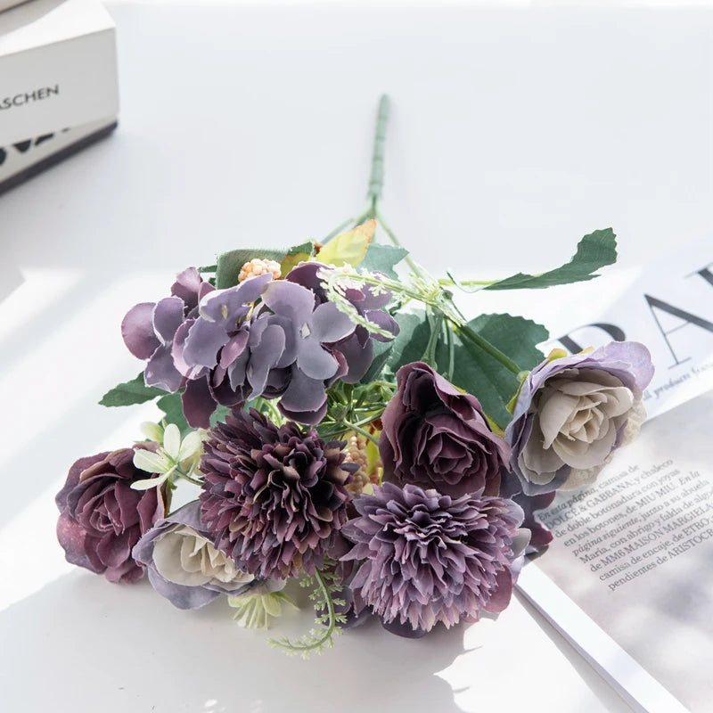 Artificial Silk Hydrangea Rose Flowers Wedding Bridal Bouquet Outdoor Yard Holiday Ornament Vase Home Room Decoration Scrapbooks