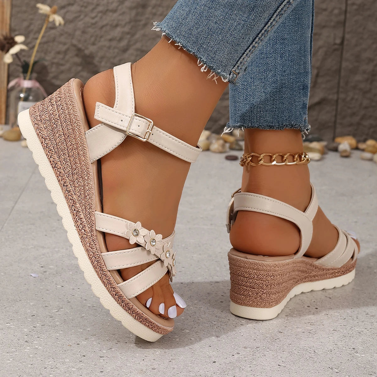Women's Fashion Flowers Wedge Sandals Lightweight Ankle Strap Platform Sandals Women 2024 Summer Non Slip Beach Sandalias Mujer