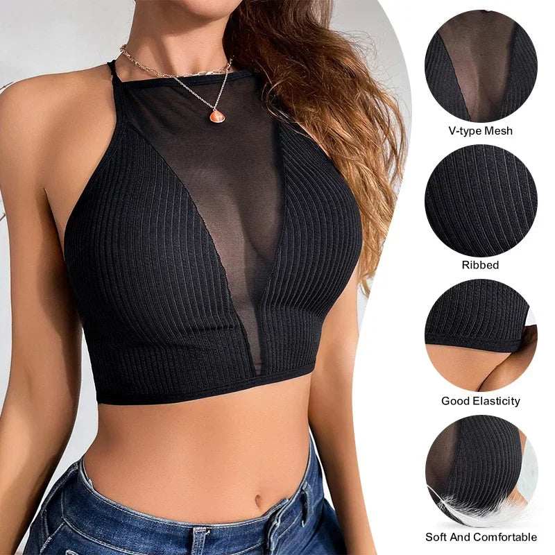 Hollow Out Mesh Sexy Corset Top Women Y2k Clothes Sleeveless Black Off The Shoulder Crop Vest Summer Halter Tank Top Woman 2024