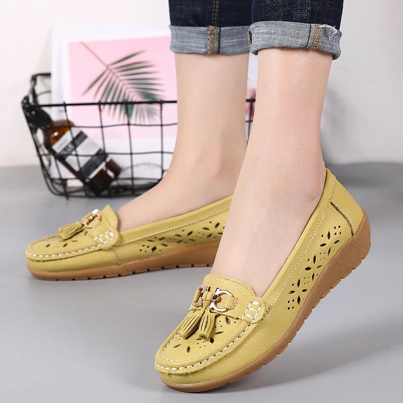 Women Wedge Flats Genuine Leather Slip On Loafers Moccasins Casual Shoes Luxury Brand Designs Big Size 41 42 43