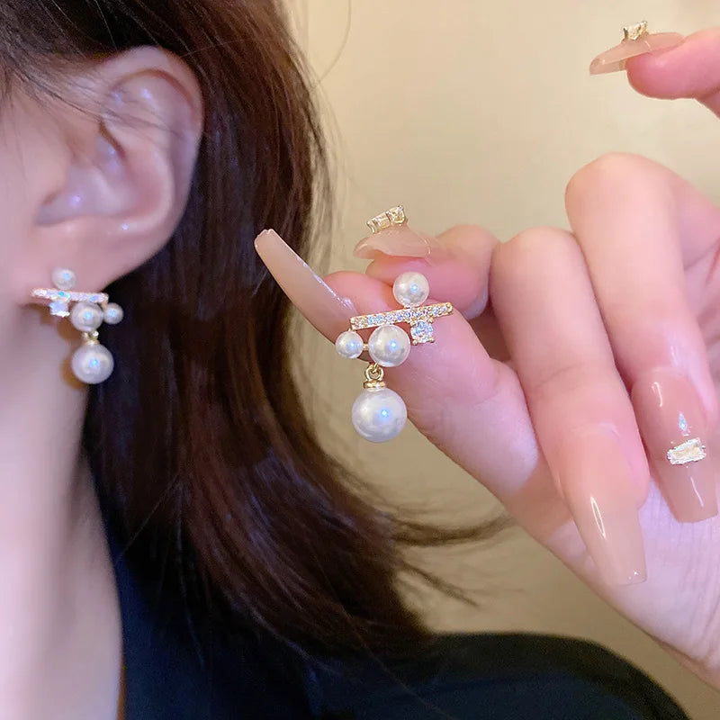 925 Silver Needle Korean Fashion Crystal Pearl Drop Earrings For Women Jewelry 2026 Trending New Luxury Zircon Women's Earrings