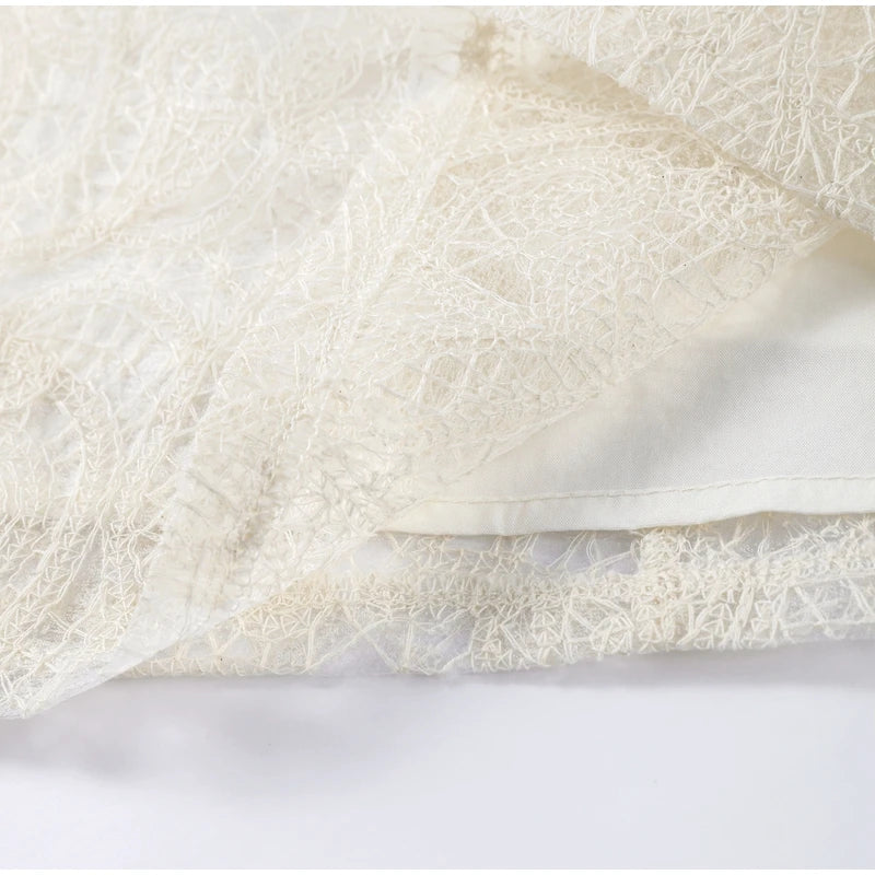Lace Elegant Skirt Two Piece Set Women Turtleneck Hollow Out Lantern Sleeve Tops Irregular Hem Mini Skirt 2025 Chic Party Suit