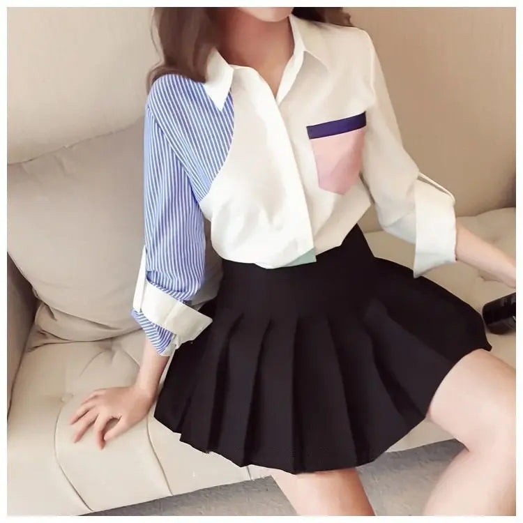 Spring Autumn Fashion Turn-down Collar Long Sleeve Women's Clothing Shirts Patchwork Buttons Loose Cardigan Versatile Blouses