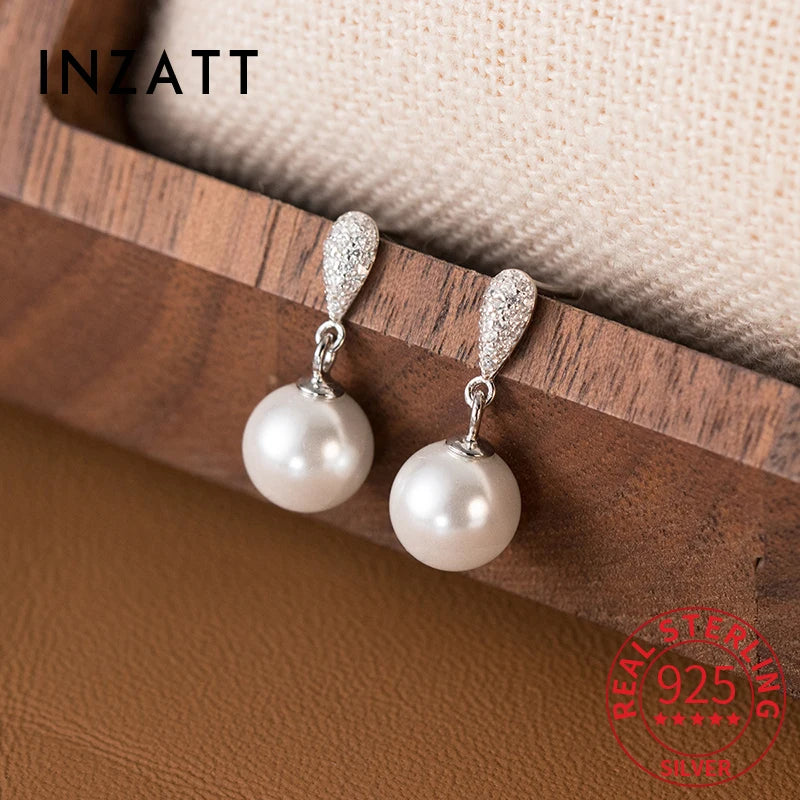 INZATT Real 925 Sterling Silver Full Zircon Water Drop Pearl Pendant Stud Earrings for Women OL Fine Jewelry Luxury Accessories