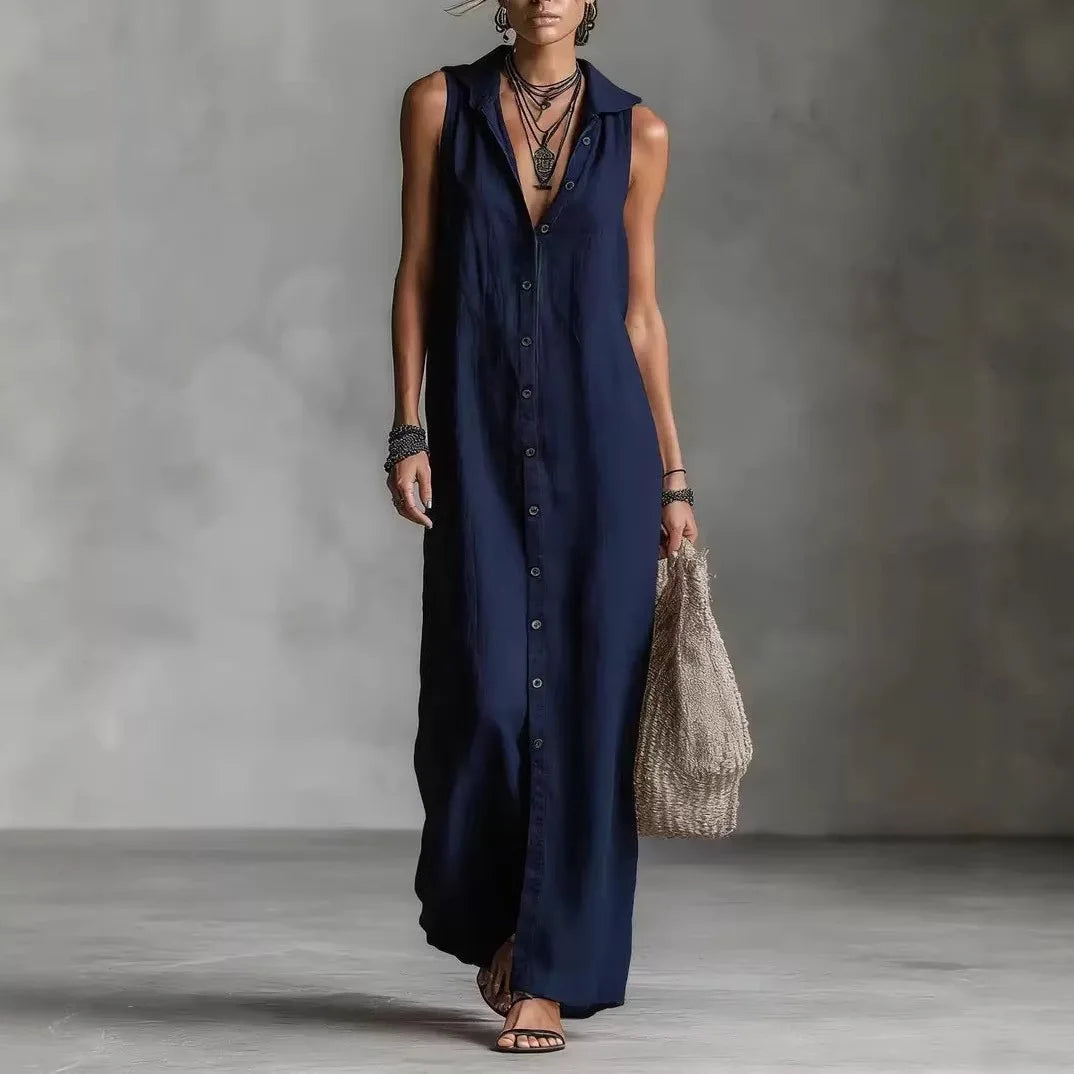 Women Dresses 2026 New summer solid color button open stitch sleeveless long dresses women's clothing vestidoes