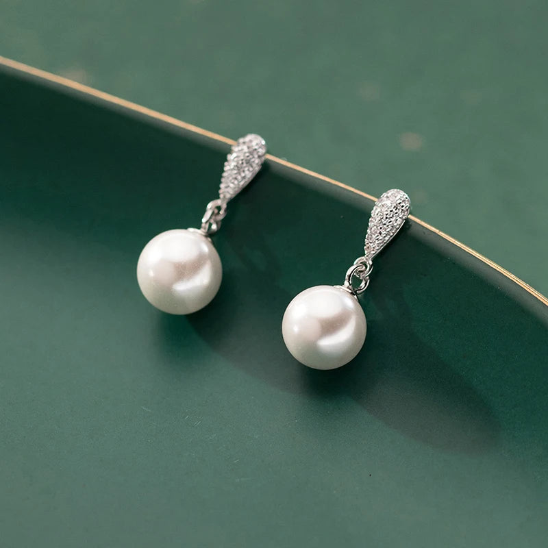 INZATT Real 925 Sterling Silver Full Zircon Water Drop Pearl Pendant Stud Earrings for Women OL Fine Jewelry Luxury Accessories