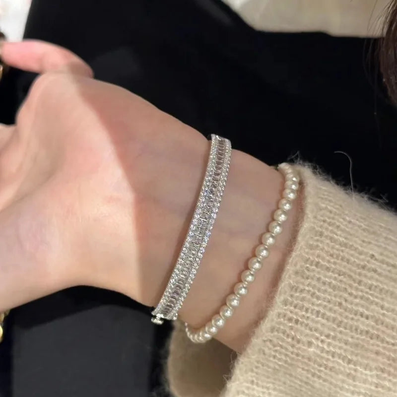 High quality silver 925 Silver Full Diamond Square bracelet for women Exquisite Luxury and Fashion bangles Wedding Jewelry Gift