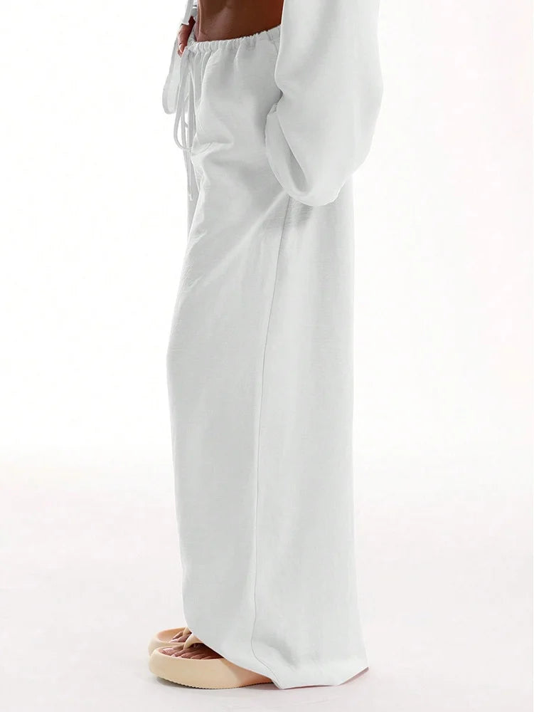 Wide Leg Pants Fashion Women Black Solid Loose Drawstring Baggy Pant 2026 New Spring Summer Casual Pocket High Waist Trousers
