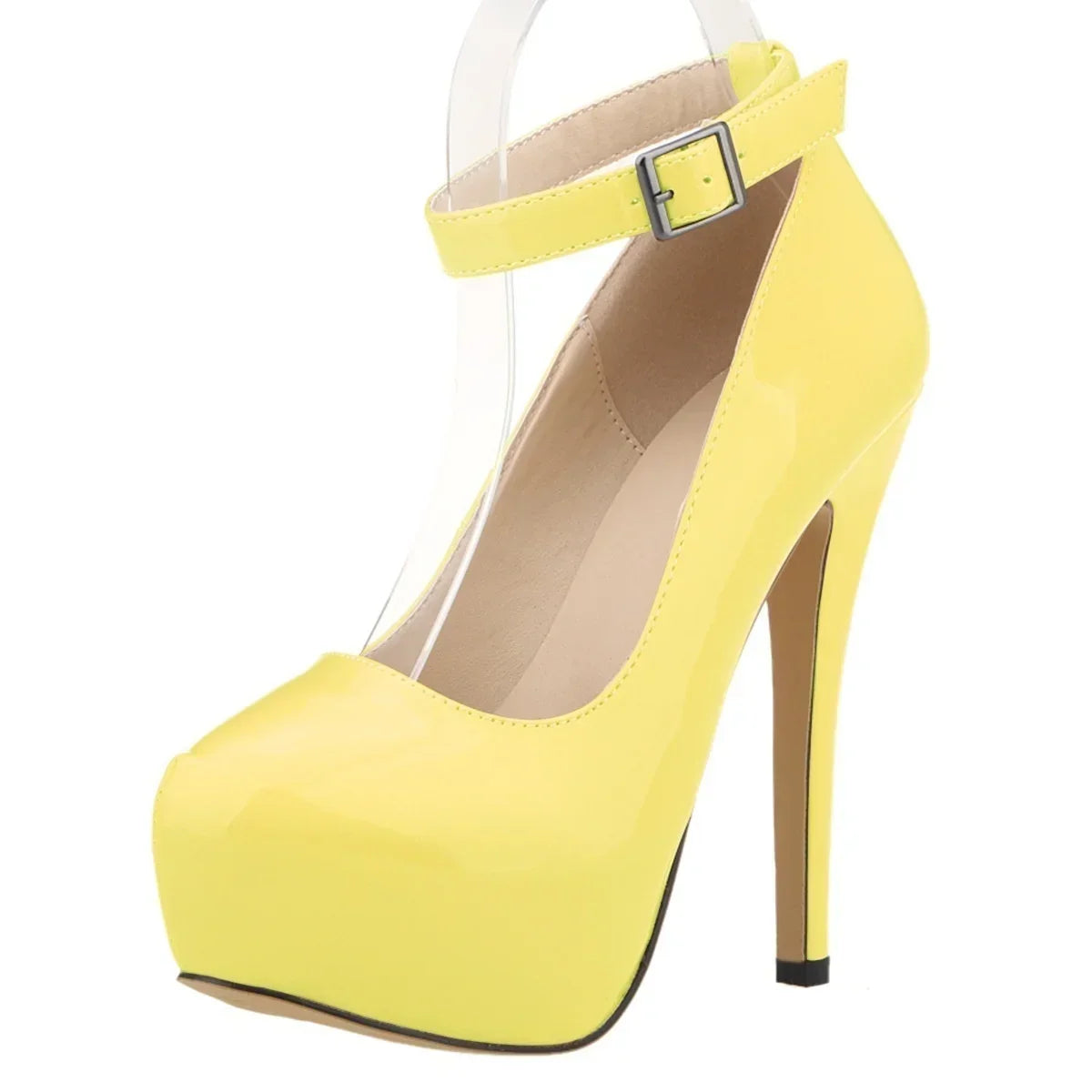 New Women Pumps 14cm Sexy Concise Buckle Supper High Heels Fashion Ankle Strap  Patent Leather Red Wedding Shoes Plus Size