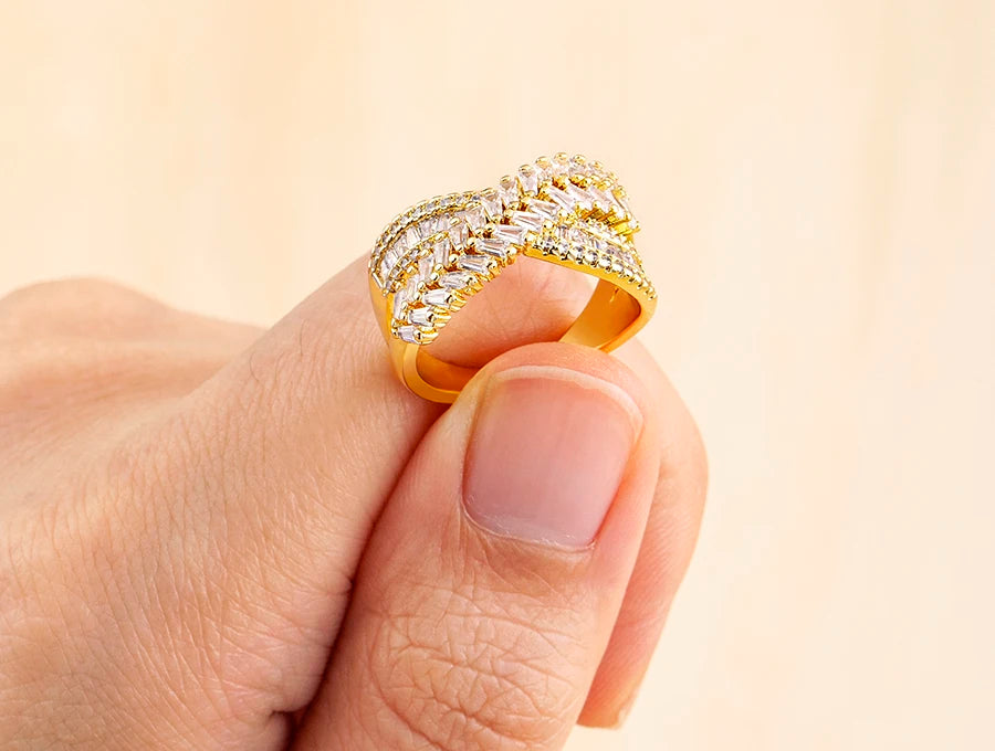 Nidin New Trendy Crystal Double Deck Cross Rings Charm Cubic Zirconia Intersect Opening Adjustable Finger Ring Jewelry Gift