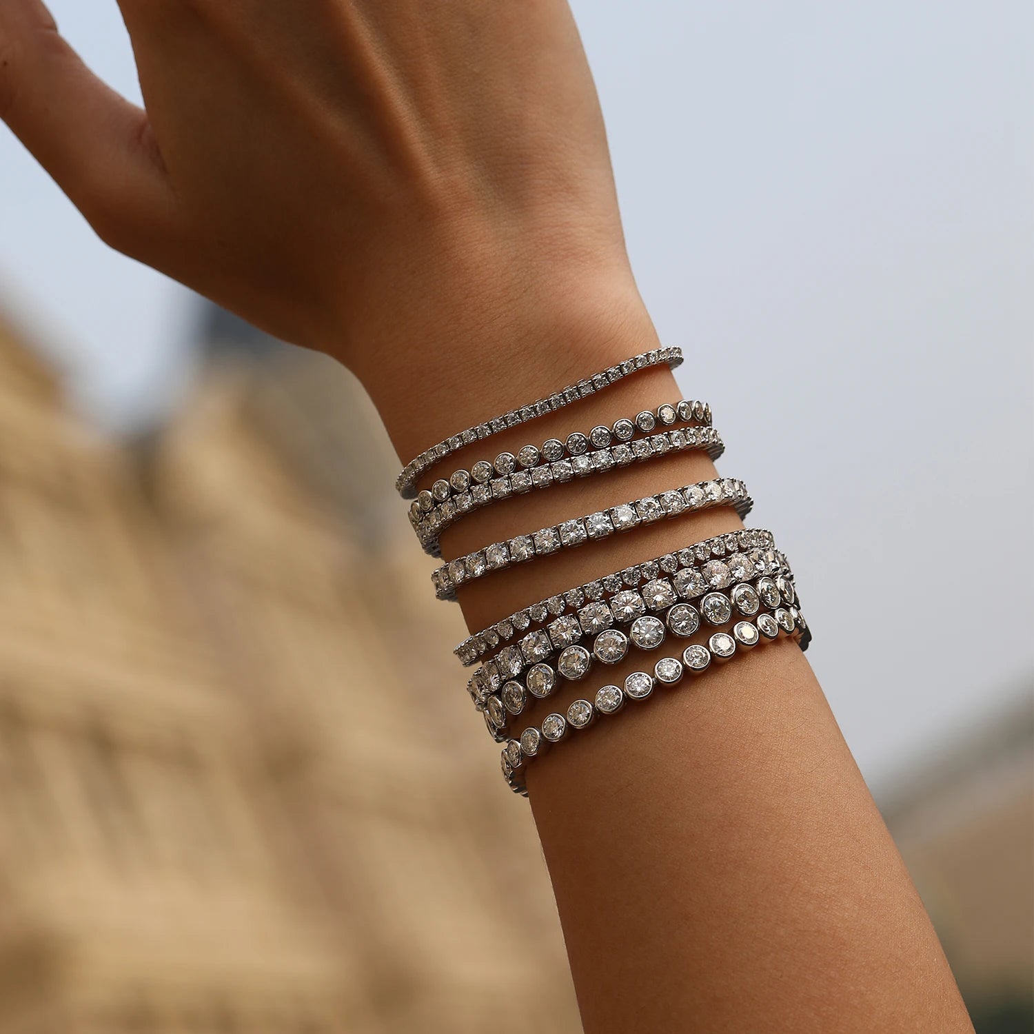 MODIAN D VVS1 Round Moissanite Tennis Bracelet 3mm/4mm/5mm 925 Sterling Silver Tennis Stackable Bracelets for Women Men Jewelry