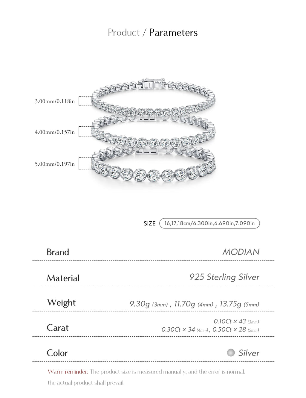 MODIAN D VVS1 Round Moissanite Tennis Bracelet 3mm/4mm/5mm 925 Sterling Silver Tennis Stackable Bracelets for Women Men Jewelry