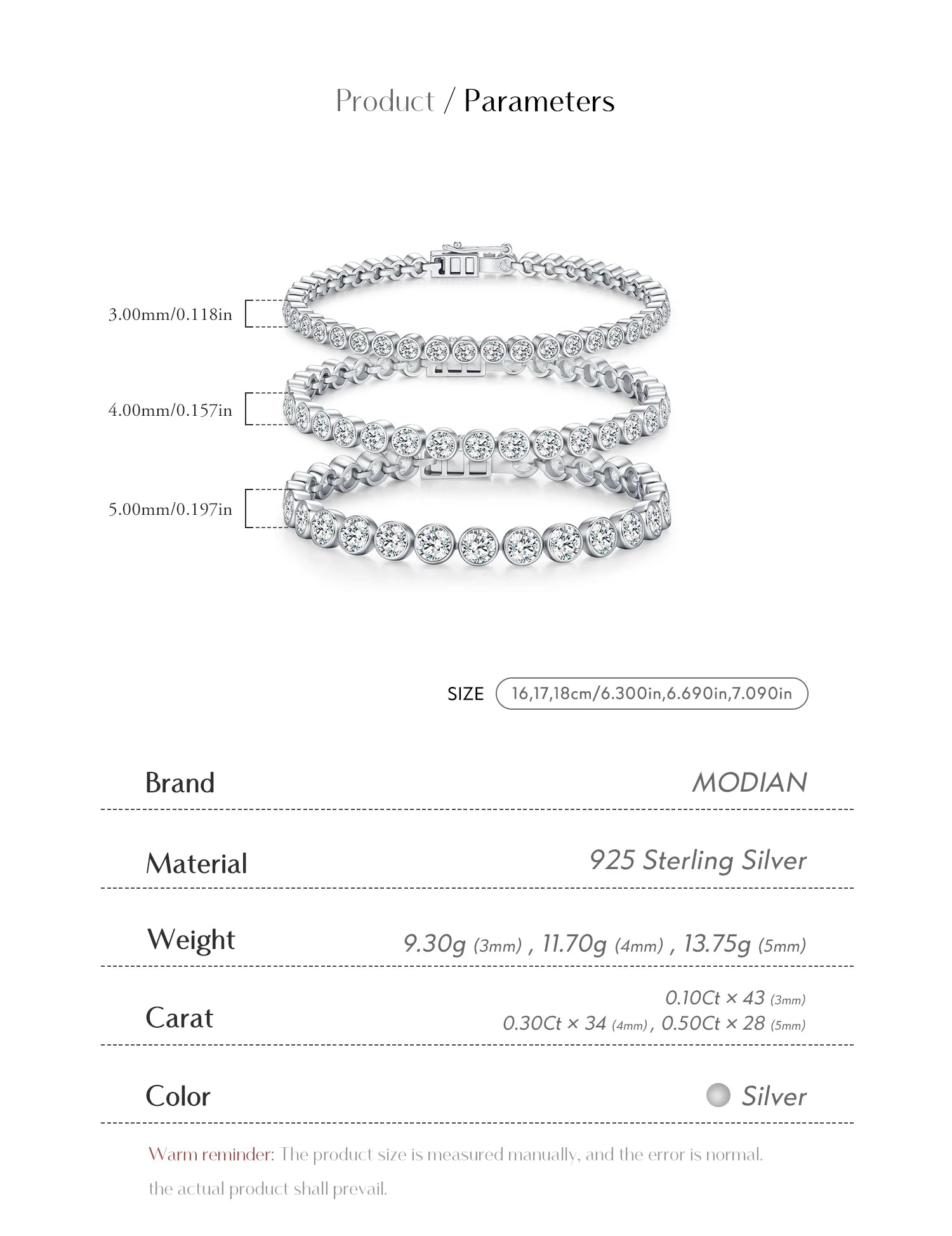 MODIAN D VVS1 Round Moissanite Tennis Bracelet 3mm/4mm/5mm 925 Sterling Silver Tennis Stackable Bracelets for Women Men Jewelry