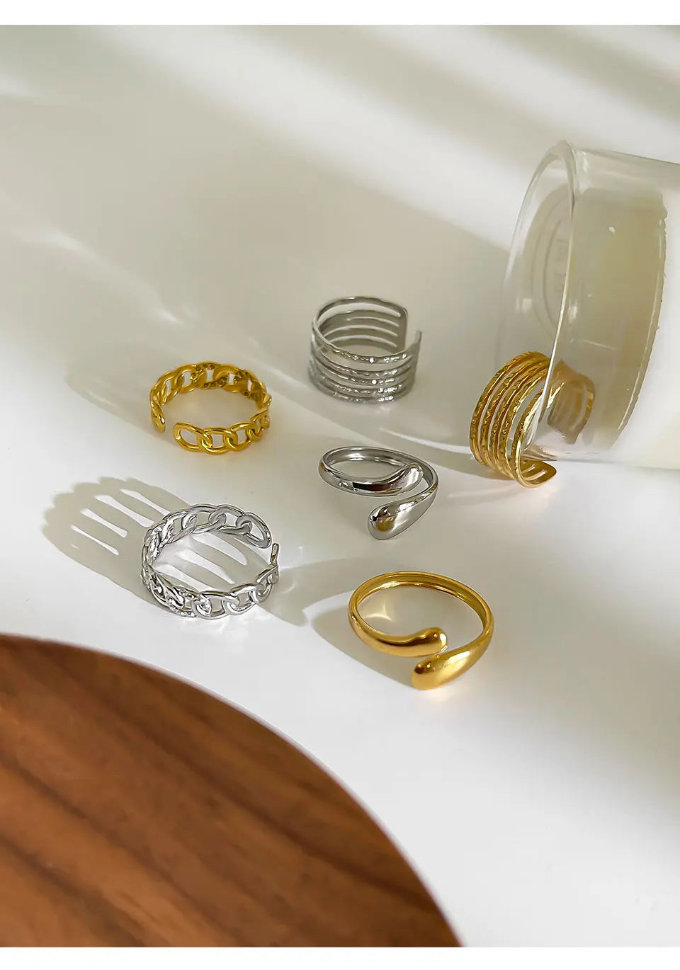 Peri'sbox 3pcs Stainless Steel Waterproof Women Rings Multi-layer Metal Texture Geometric Chain Open Ring Fashion Party Jewelry