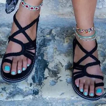 Large Size Rope Knot Summer Beach Flat Bottom Sandals Women's Shoes Wish Flat Sandals Open Toe Rubber Sole Ankle Strap