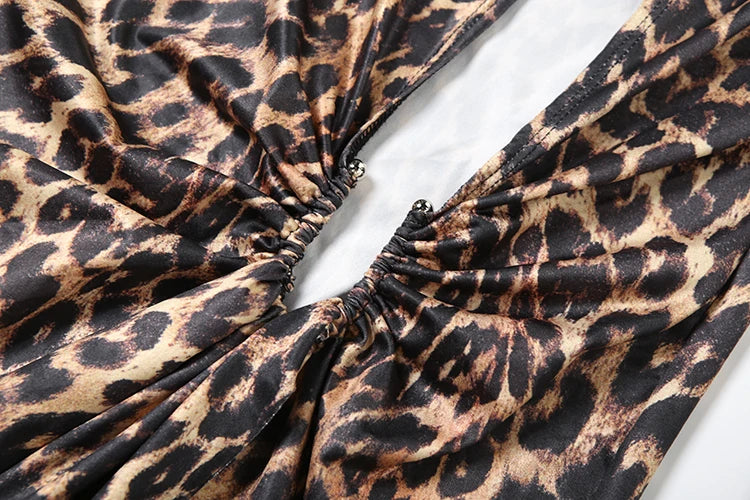 Weird Puss Leopard Print Women Dress Y2K Sexy Deep V-Neck Ruched Ribbon Skinny High Split Nightclub Party Fall Hipster Vestidos
