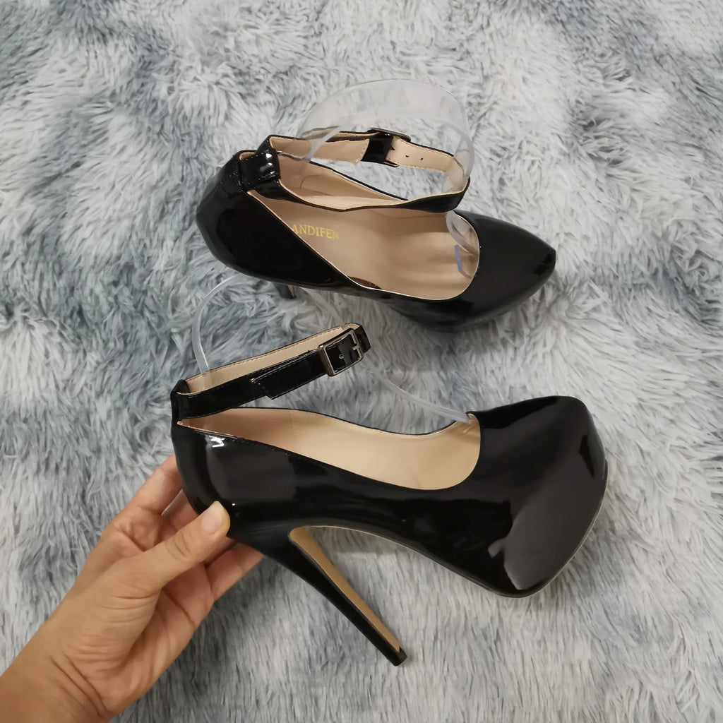 New Women Pumps 14cm Sexy Concise Buckle Supper High Heels Fashion Ankle Strap  Patent Leather Red Wedding Shoes Plus Size