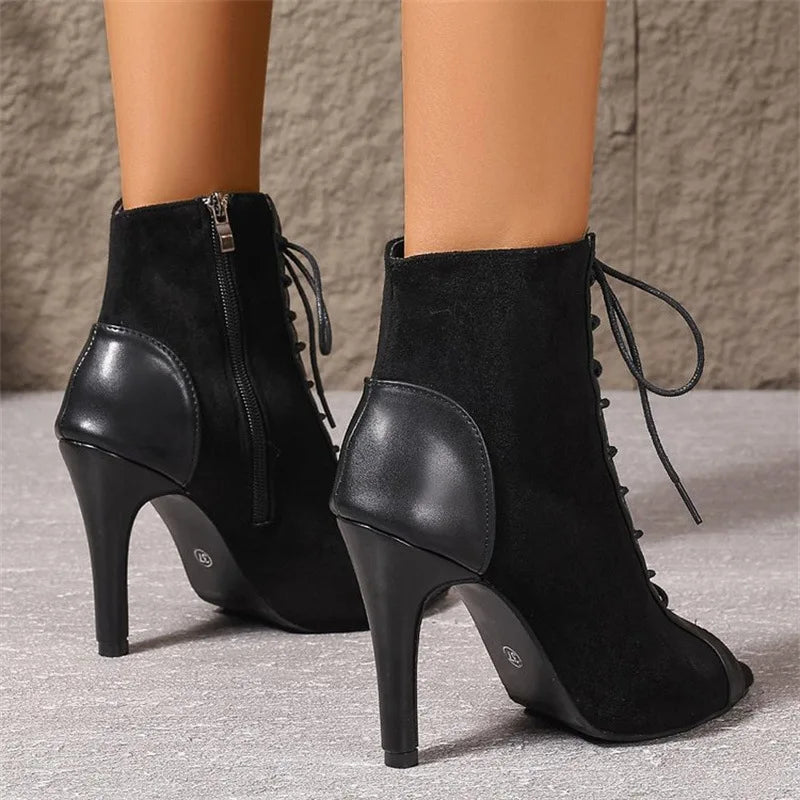 Jazz Latin Dance Boots Women's 5CM 7CM 10CM Thin High Heels 2025 New Plus Size Summer Black Lace-up Sexy Short Boots For Woman