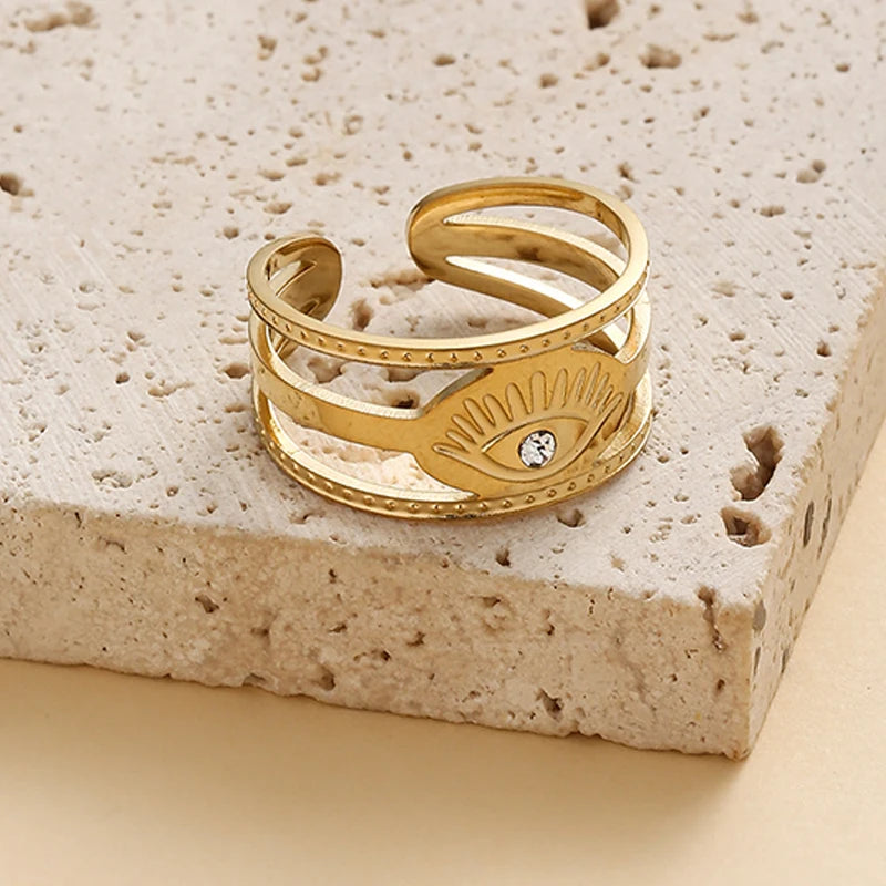 Geometric Zircon Rings For Women Gold Color Stainless Steel Flower Heart Hollow Multilayer Adjustable Open Rings Jewelry Gifts