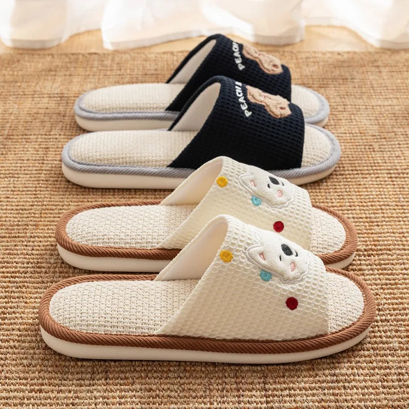 Home Linen Slippers Women's Four Season Sweat Absorbing Cotton Linen Cloth Slippers Cute and Casual PVC Toe Slippers Sandals