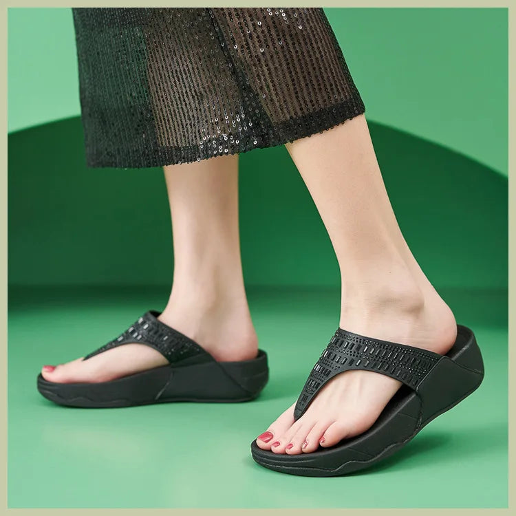 Women's Sandals Summer  Casual Non-Slip Suede  Diamond Soft Platform Wedge Flip Flop Walking Beach Slippers Shoes Woman